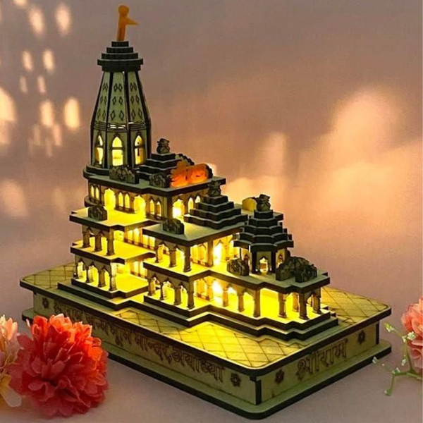 Ram Mandir Ayodhya Wood Temple Model With Light 6inch